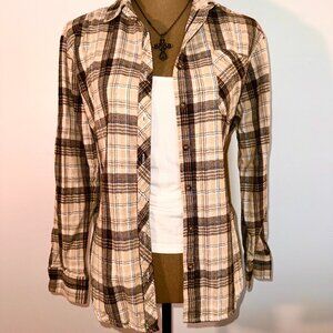 Brown and white plaid button-up shirt